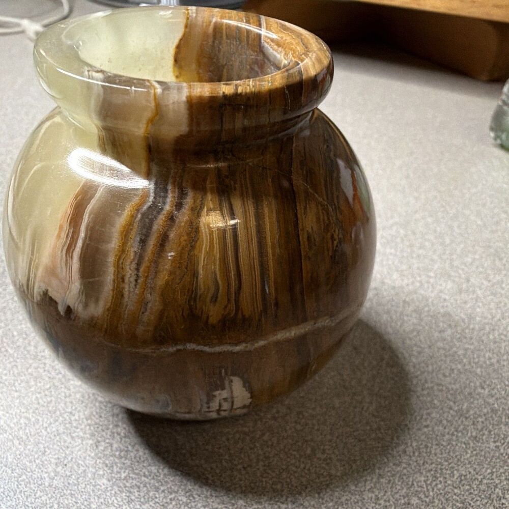 Unmarked Polished Marbled Stone Bud Vase ~ Brown & Beige ~ 3 in Tall